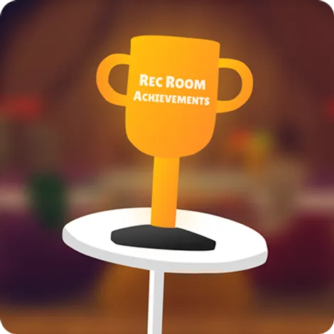 Rec Room Achievements logo. It shows a bar table with a gold trophy on it. 'Rec Room Achievements' is engraved roughly on the top of the trophy.